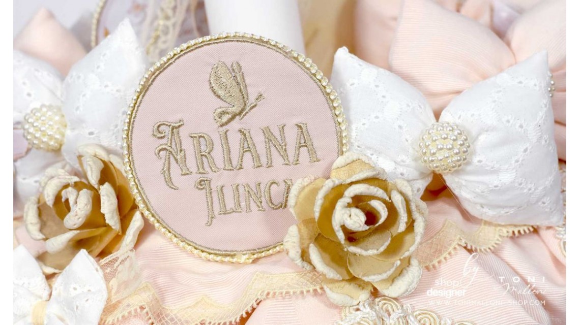 Lumanare botez cu fluturi si broderie personalizata gold 14